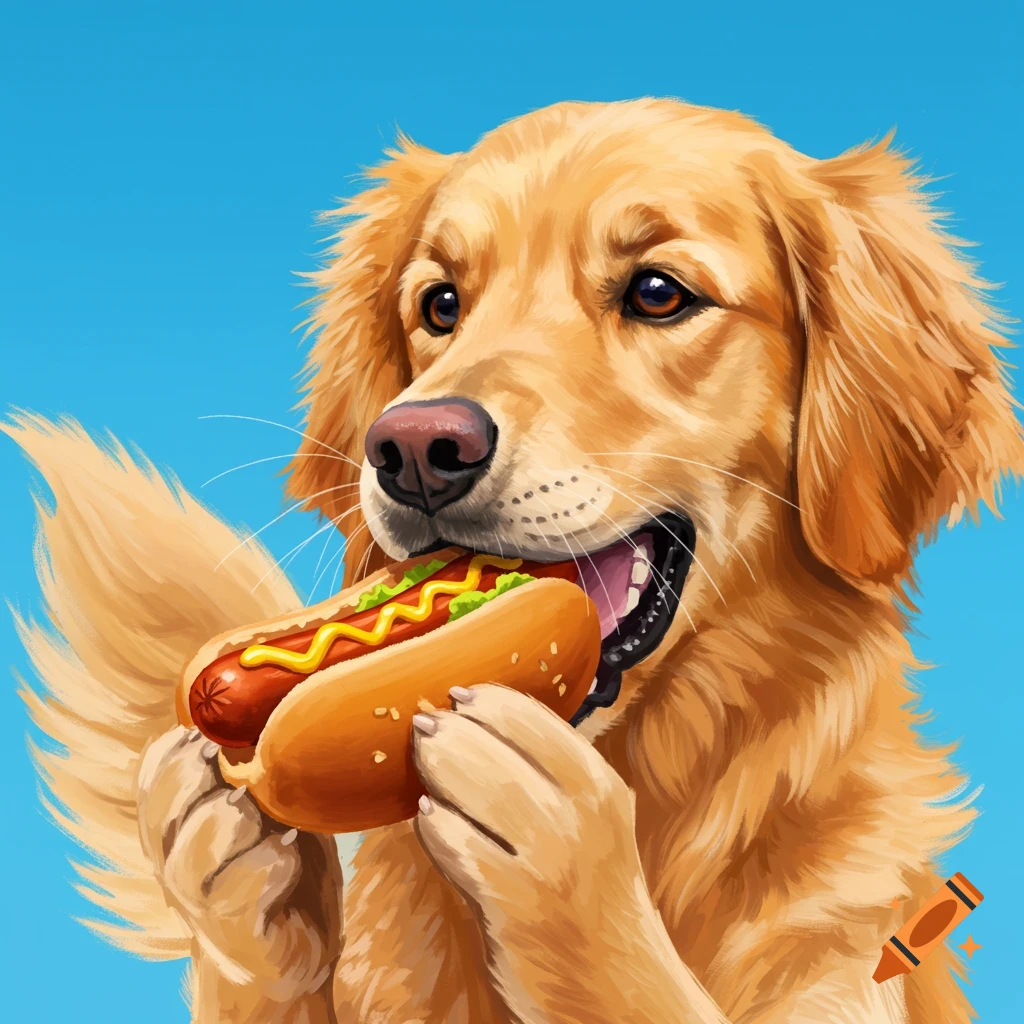 A golden retriever dog holds and eats a hot dog.