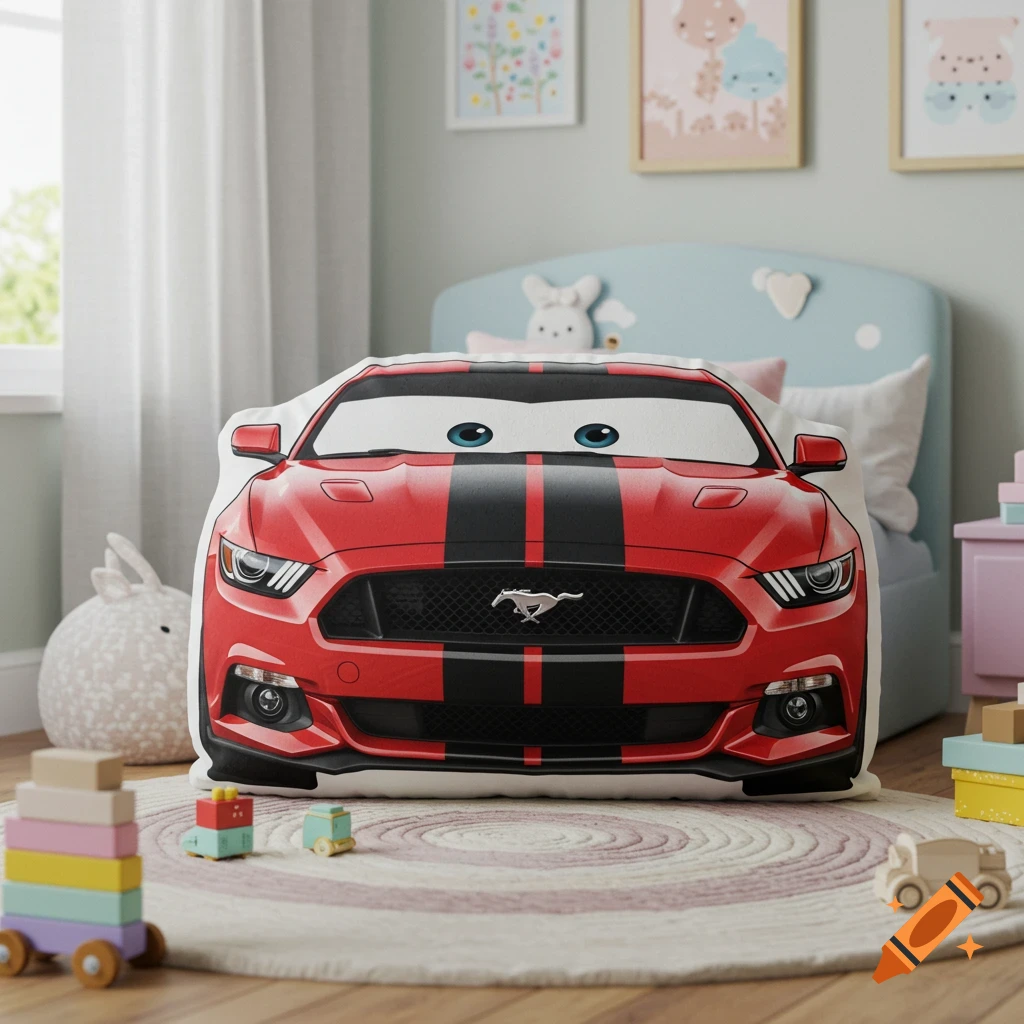 A red car-shaped pillow with racing stripes sits on a rug in a child's room with toys.