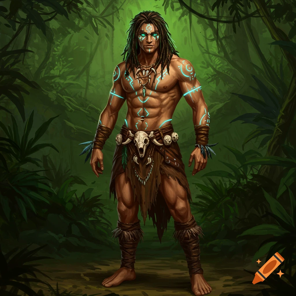 A fantasy character, a muscular man with glowing tribal markings, dreadlocks, and a bone belt, stands in a jungle.