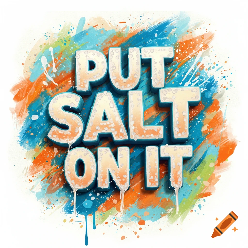 3D text 'PUT SALT ON IT' with salty texture on vibrant watercolor background