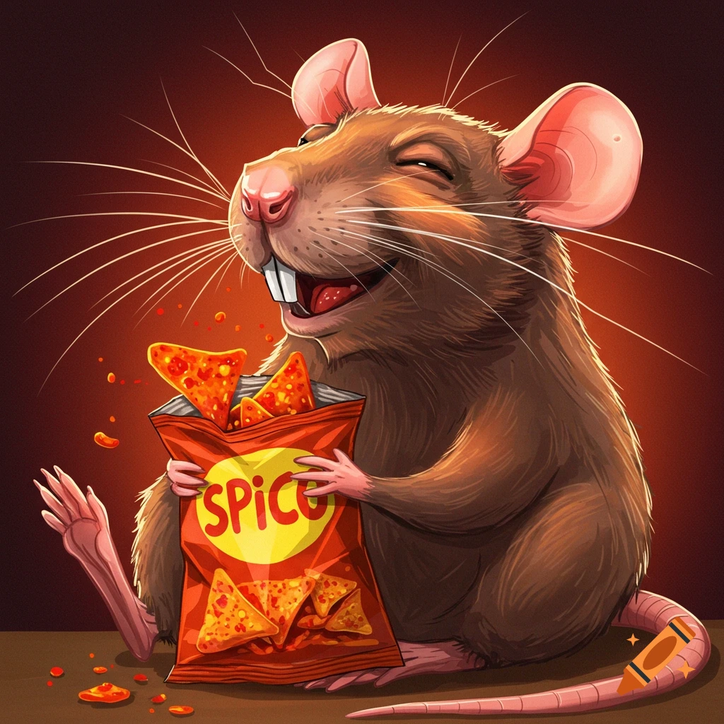 Illustration of a happy rat eating spicy chips from a bag.