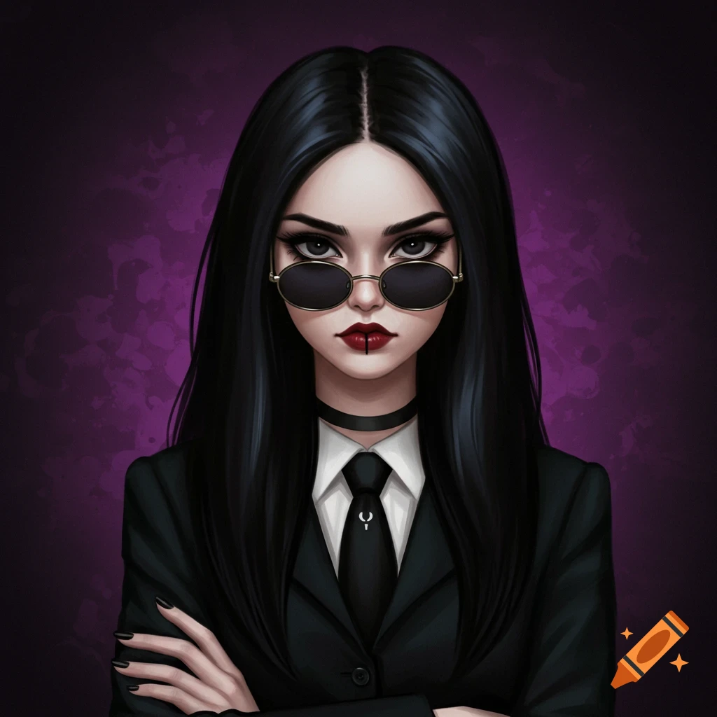 Portrait of a young woman with long black hair, sunglasses, dark makeup, and a suit, against a purple background.
