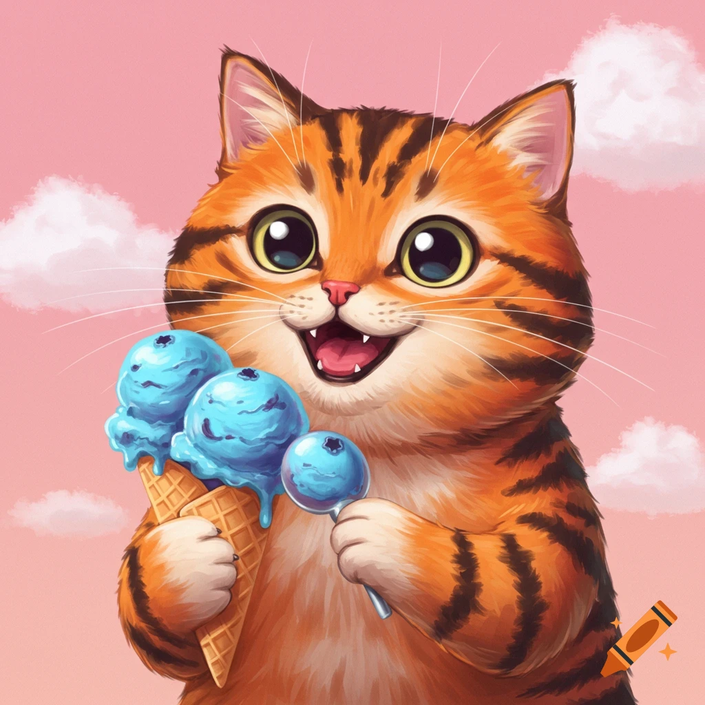 A cute tabby cat holding a cone of blue ice cream and a spoon with a scoop