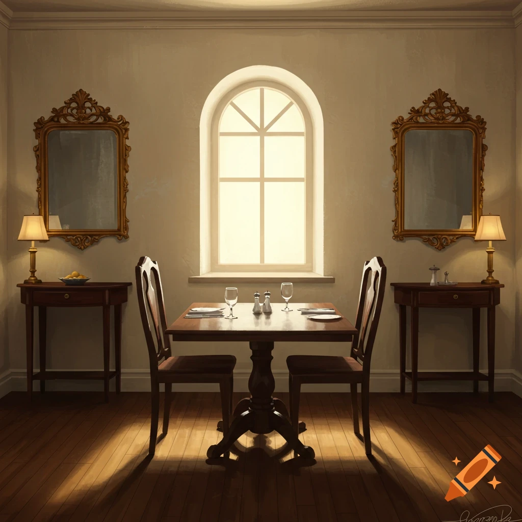 A dining room table is set for two and centered under a window.  It is flanked by side tables with lamps and mirrors.