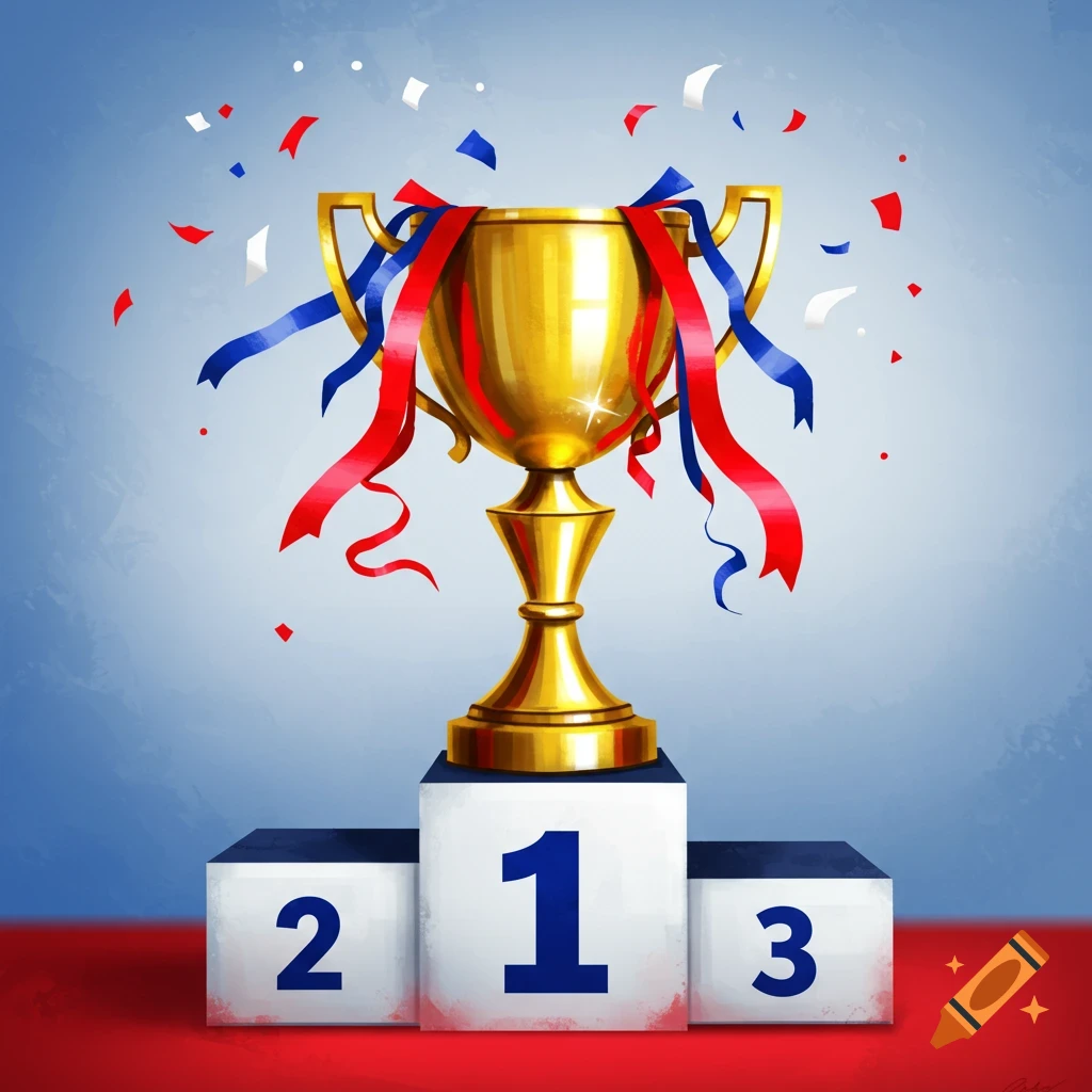A gold trophy sits on a 1st, 2nd, 3rd place podium, surrounded by confetti and red, white, and blue ribbons.