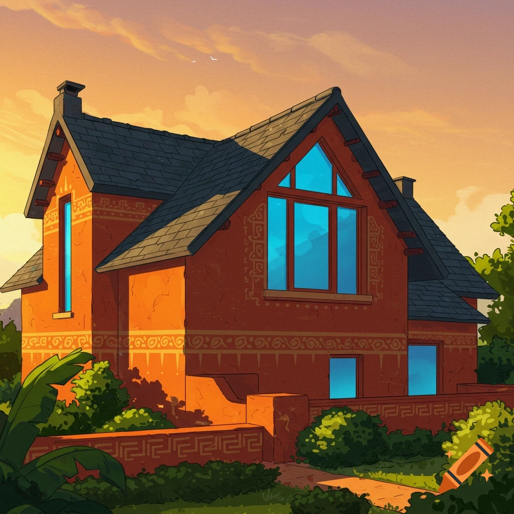 A brick house with blue windows and decorative patterns at sunset.