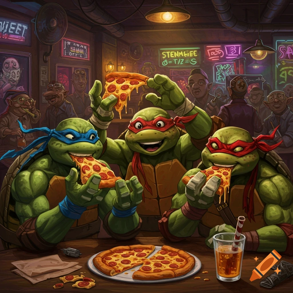 Teenage Mutant Ninja Turtles eating pizza in a bar.
