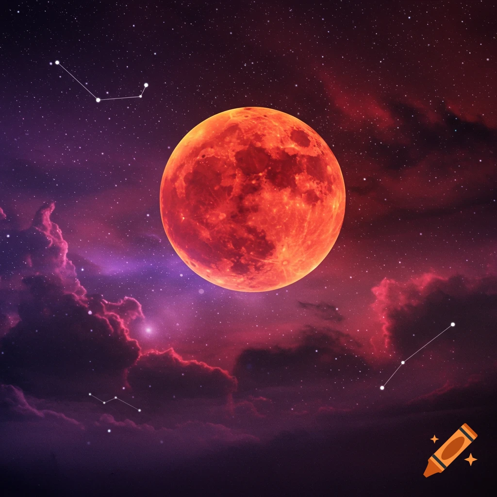 A large red blood moon in a colorful purple and red nebula space scene with stars and constellations.