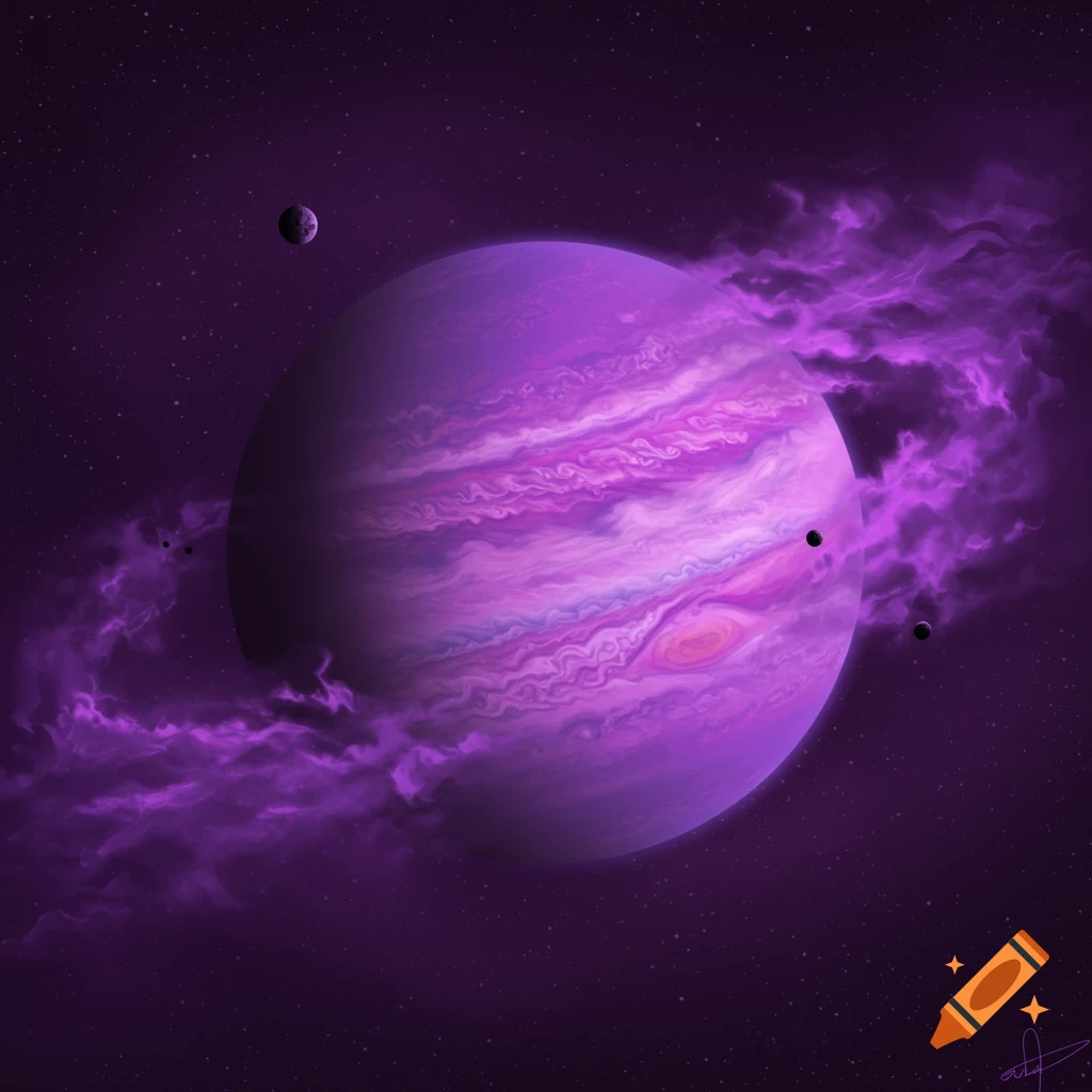 A purple planet resembling Jupiter with moons and swirling clouds in a starfield.