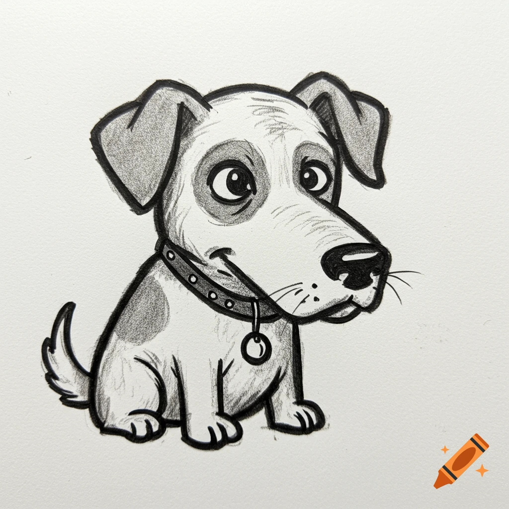 A black and white sketch of a sitting cartoon dog wearing a collar.