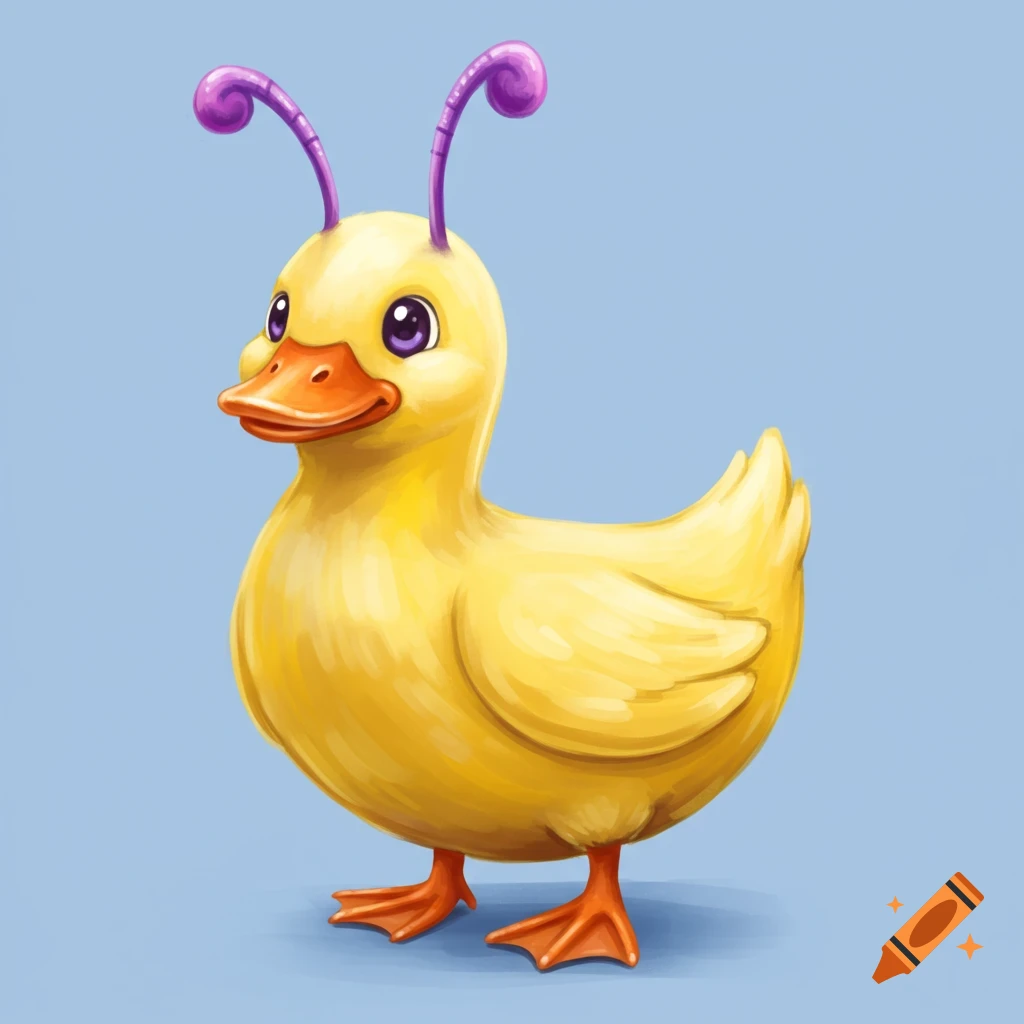 A yellow cartoon duck with purple antennae.
