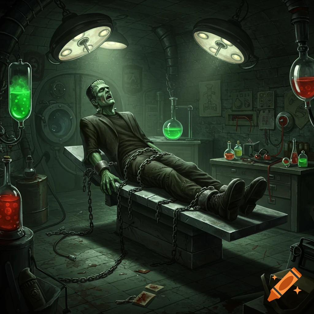 Frankenstein chained to an operating table in a dark, macabre laboratory.
