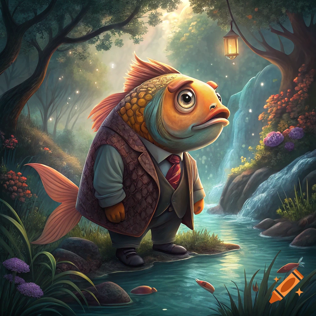An animated fish wearing a suit stands by a river in a fantasy forest.