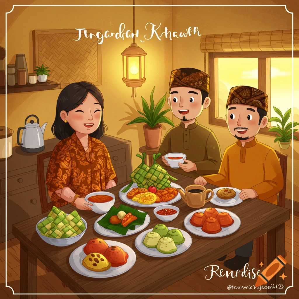 A cartoon illustration of a woman and two men in traditional clothes sitting around a table filled with food, celebrating.