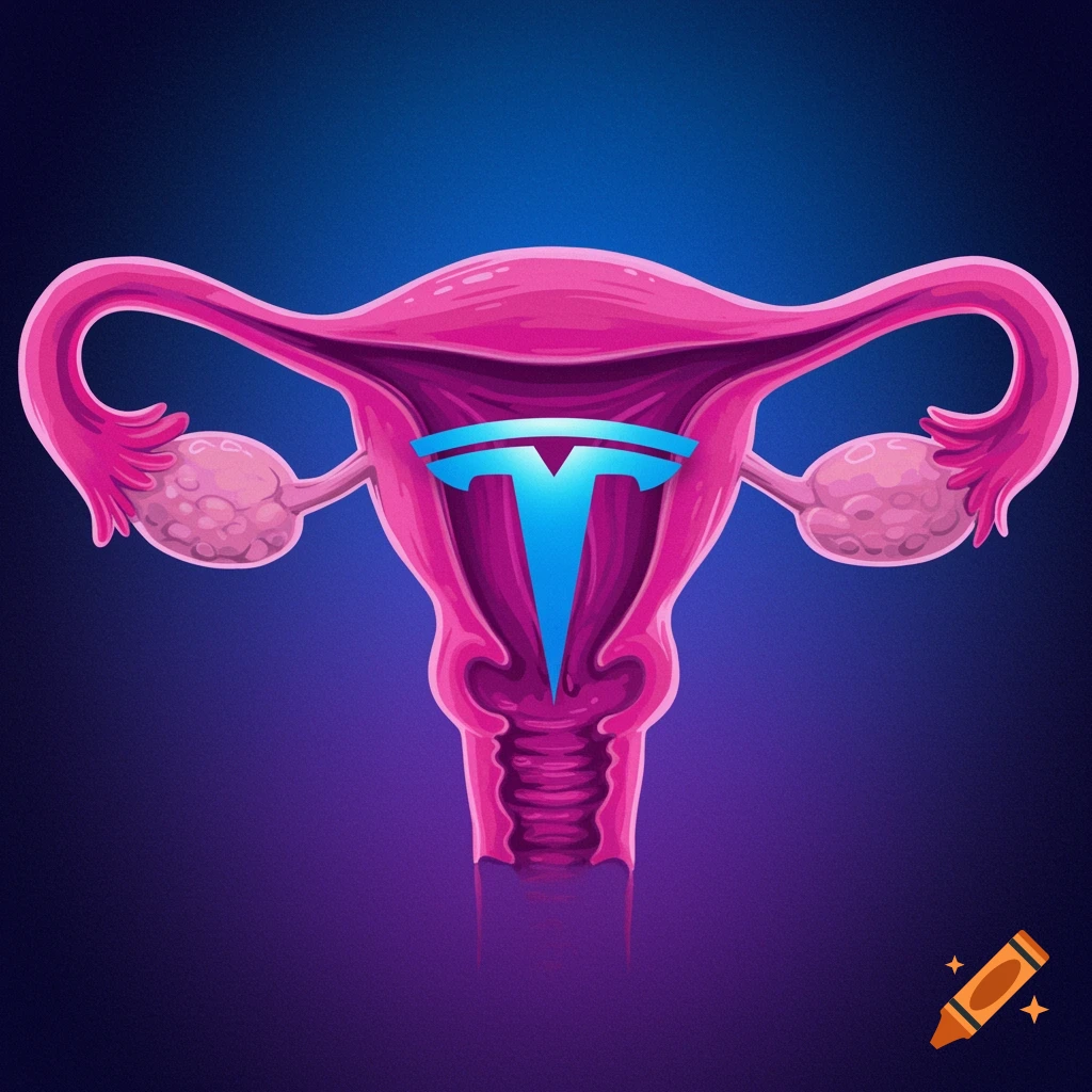 Stylized pink uterus with a blue Tesla logo overlaid on a dark gradient background.