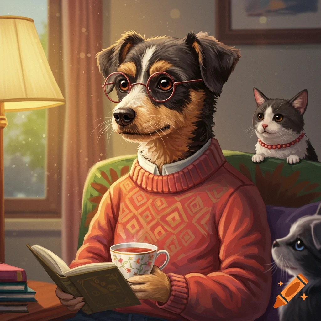 An anthropomorphic dog in glasses and a sweater reads a book while cats sit nearby.