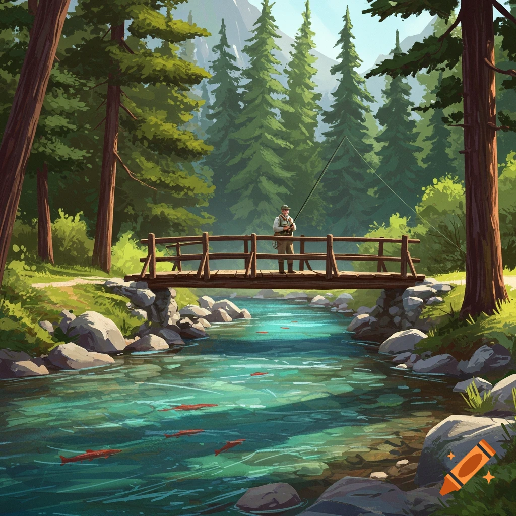 A fisherman on a bridge over a clear stream in a forest