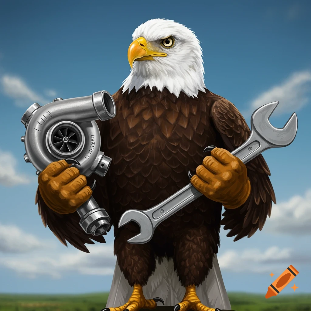 An eagle holding a turbocharger and a wrench.