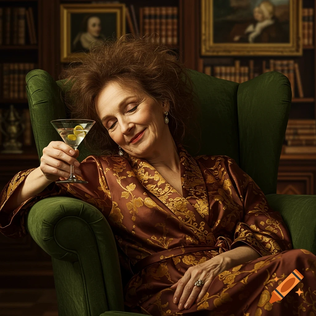 Older woman in a brown robe with messy hair sits in a green armchair holding a martini, eyes closed, in a library setting.