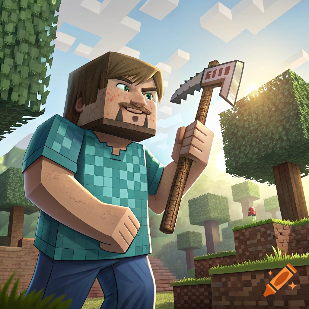 Minecraft character resembling Jack Black holding a pickaxe in a blocky landscape.