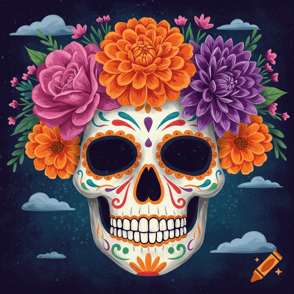 A colorful decorated skull adorned with flowers, in the style of a Day of the Dead illustration.