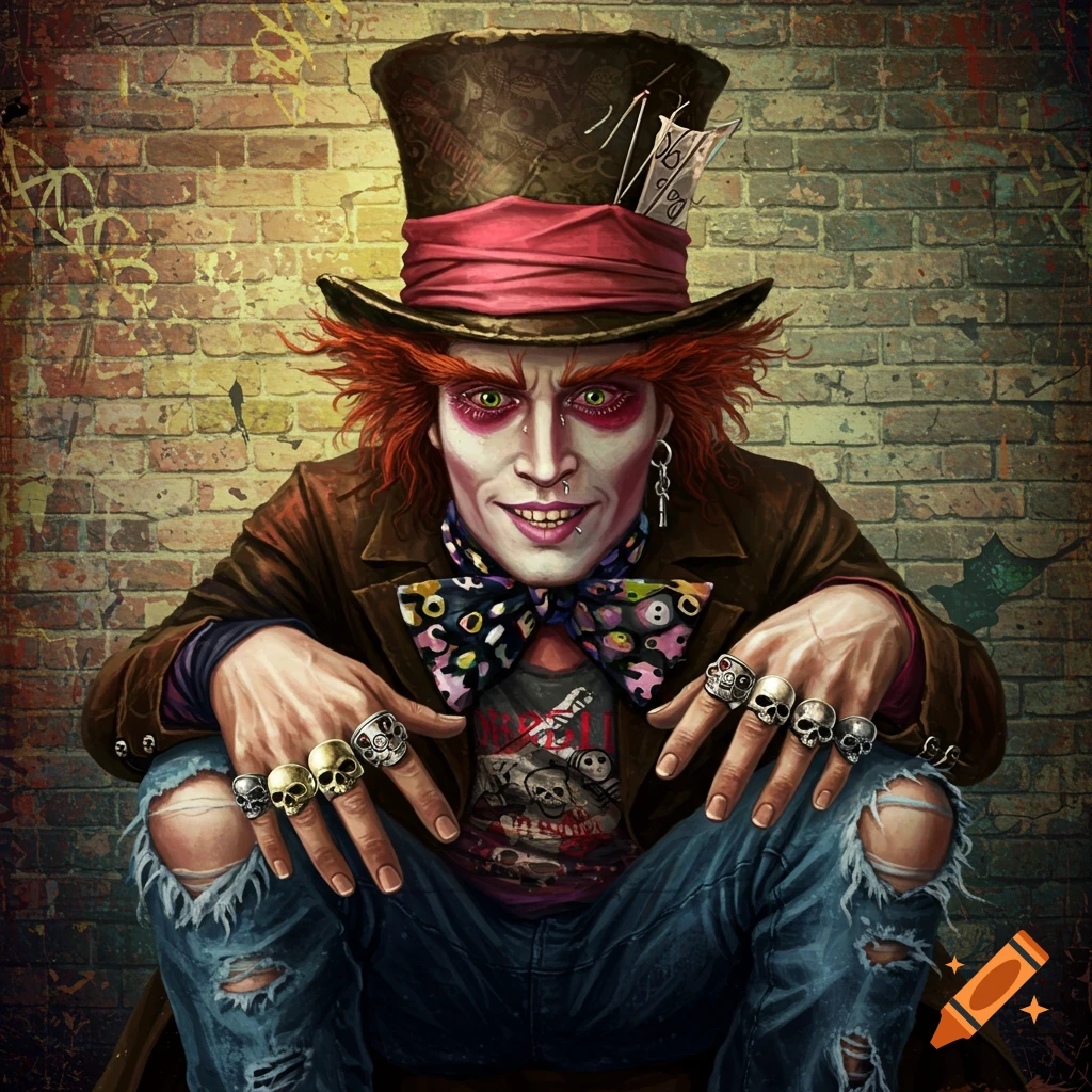Image of a male grunge Mad Hatter wearing a top hat, ripped jeans, and skull rings, crouching against a brick wall.