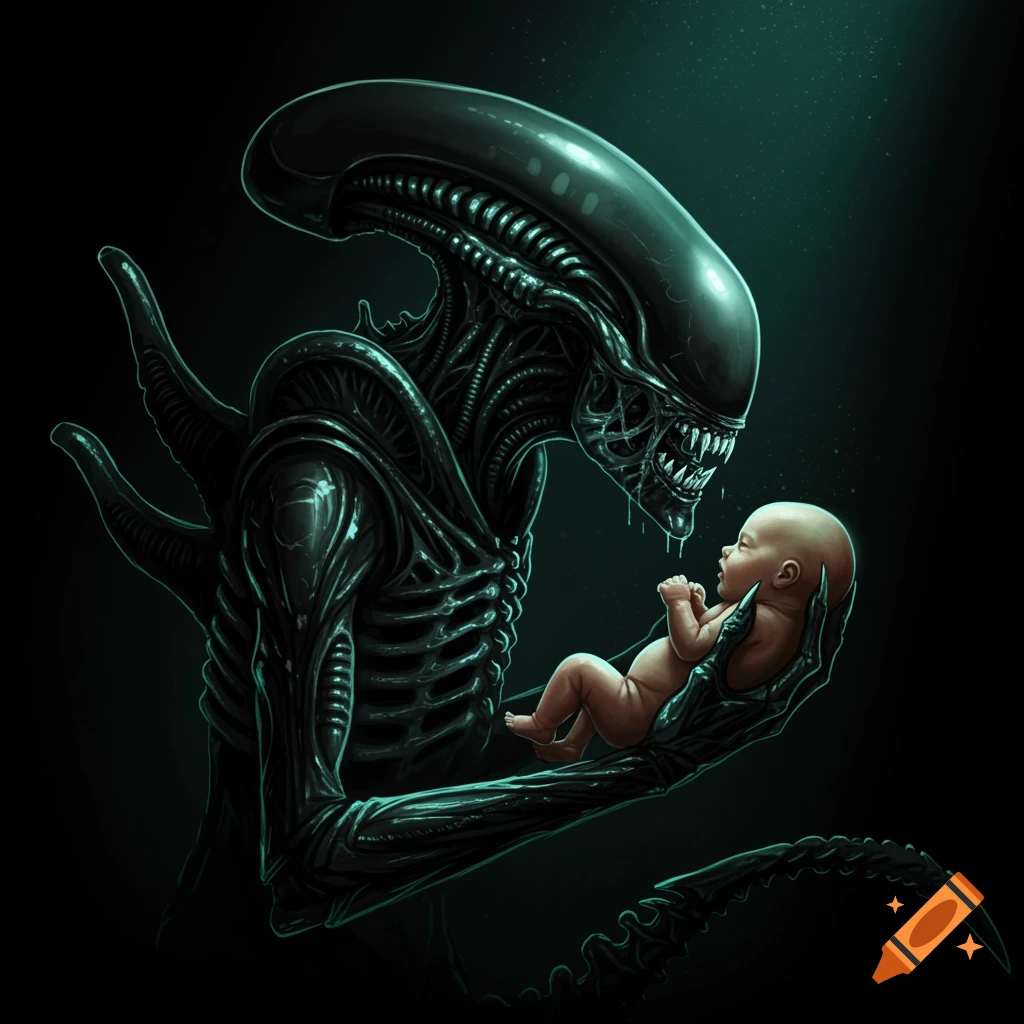 A dark image of a Xenomorph alien tenderly cradling a human baby.