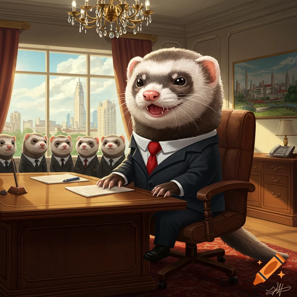 Ferrets in business suits are sitting at a large desk in an office.