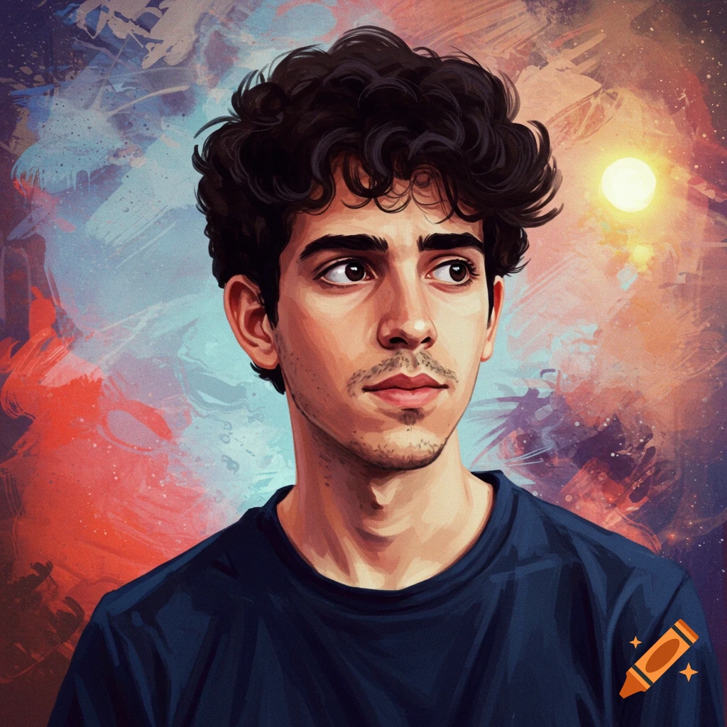 Portrait of a man with curly hair and a beard, looking to the side against a colorful, abstract background.