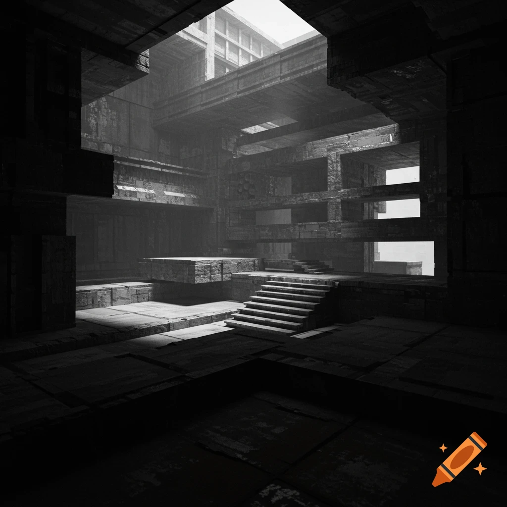 Brutalist interior space with steps and light, black and white