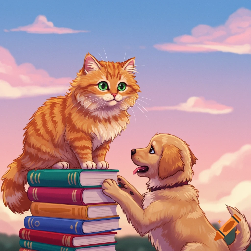 An orange cat sitting on a stack of books while a golden retriever puppy reaches up at it against a sunset sky.