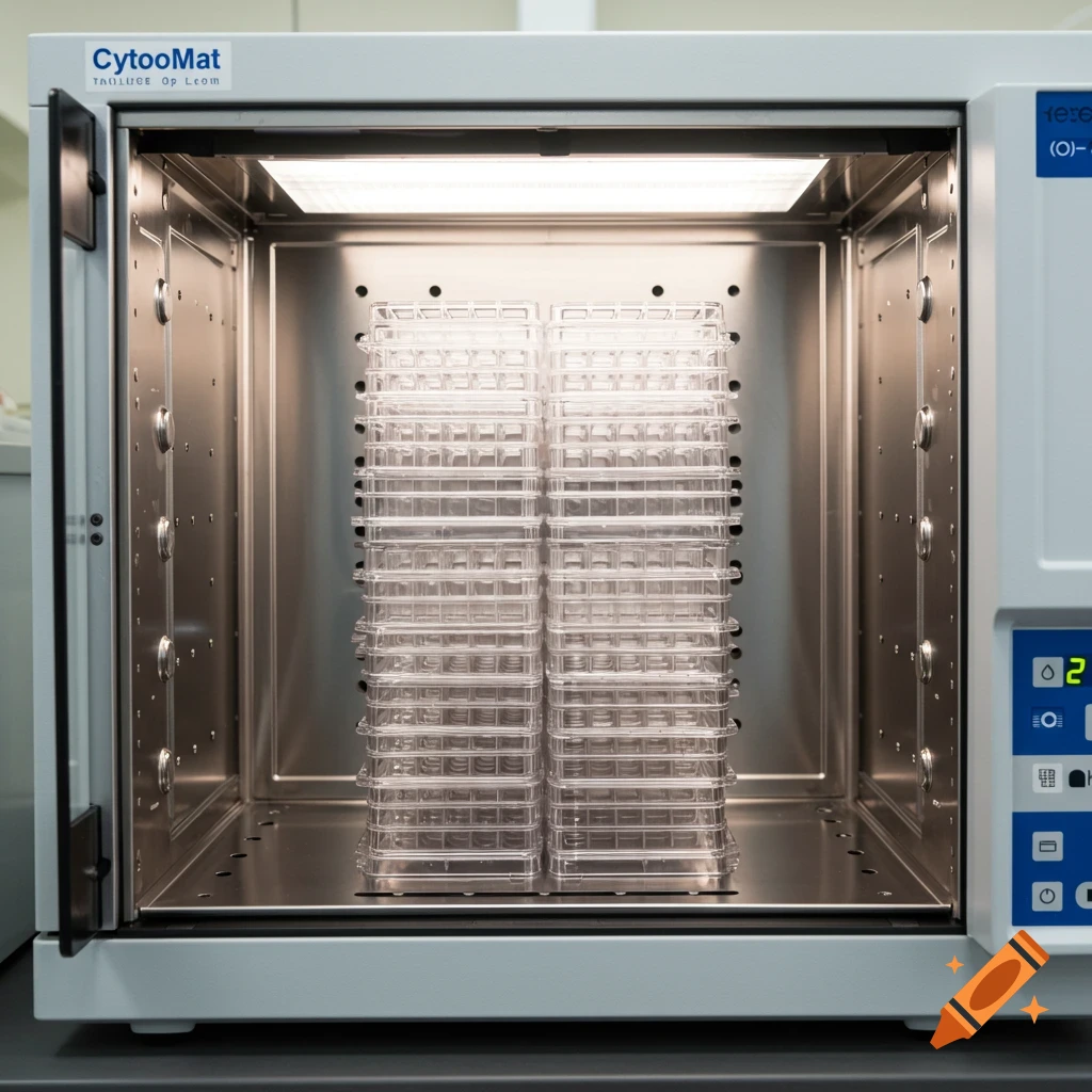 An open laboratory incubator is filled with stacks of clear plastic well plates.