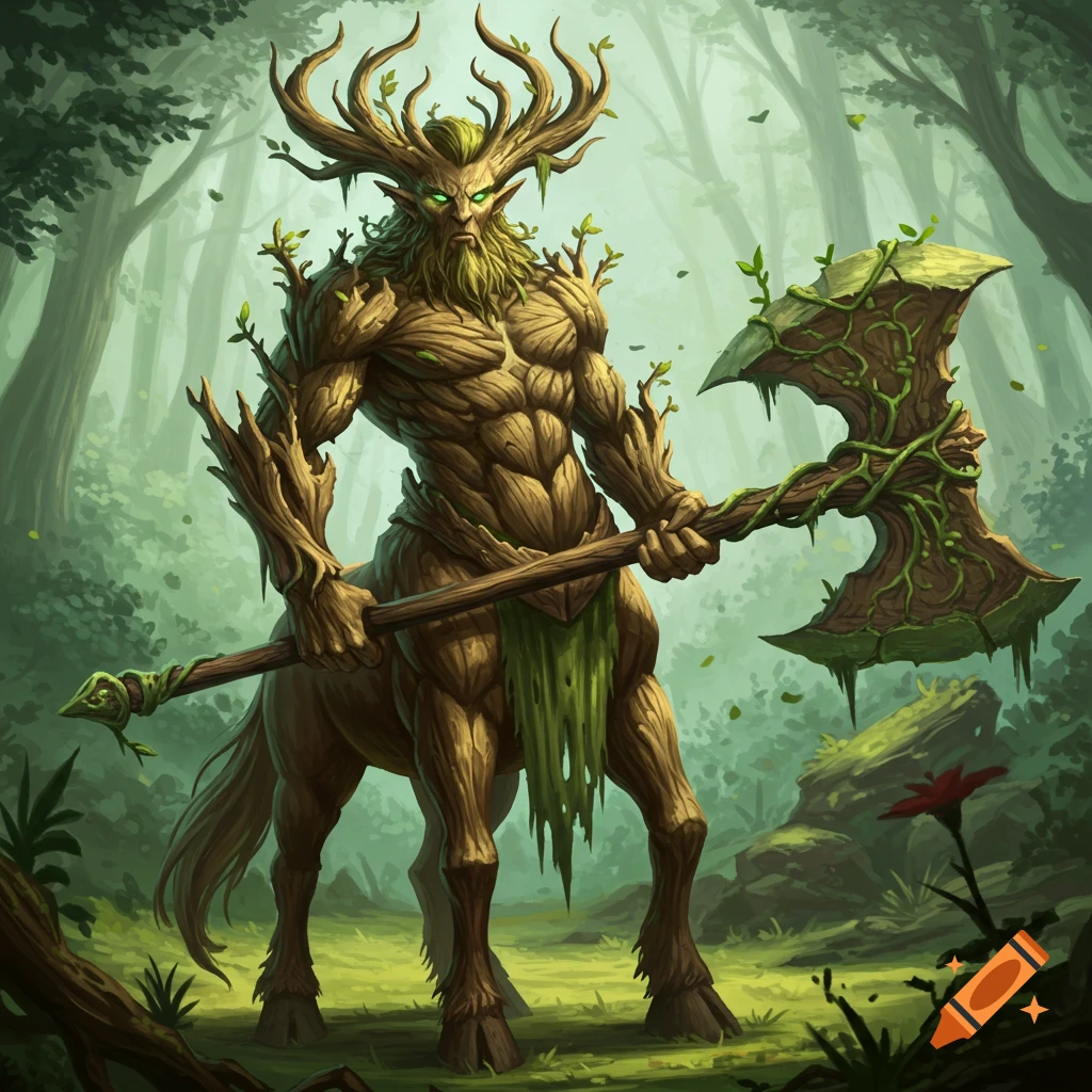 A fantasy nature deity centaur made of wood holding an axe in a forest.
