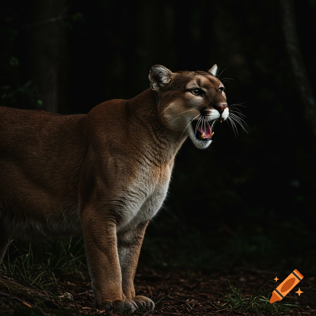 Photorealistic image of a cougar roaring, standing on the ground in a forest.