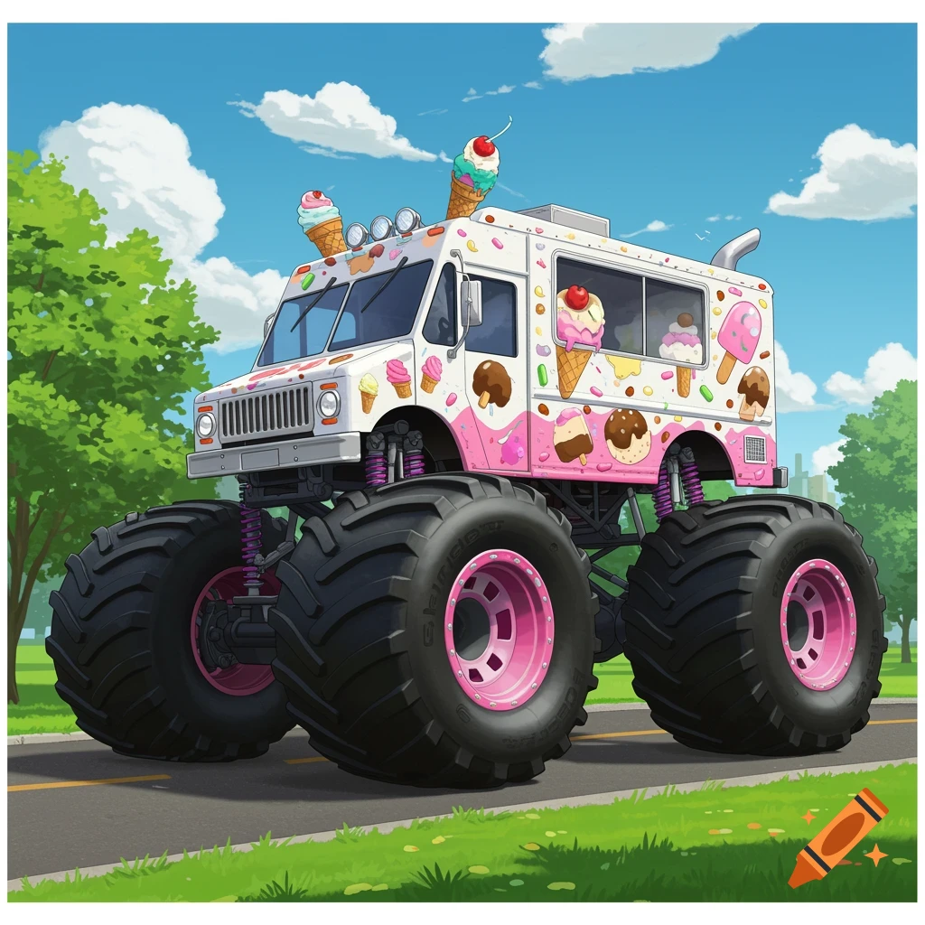 A vibrant cartoon image of an ice cream truck monster truck with giant wheels driving on a road.