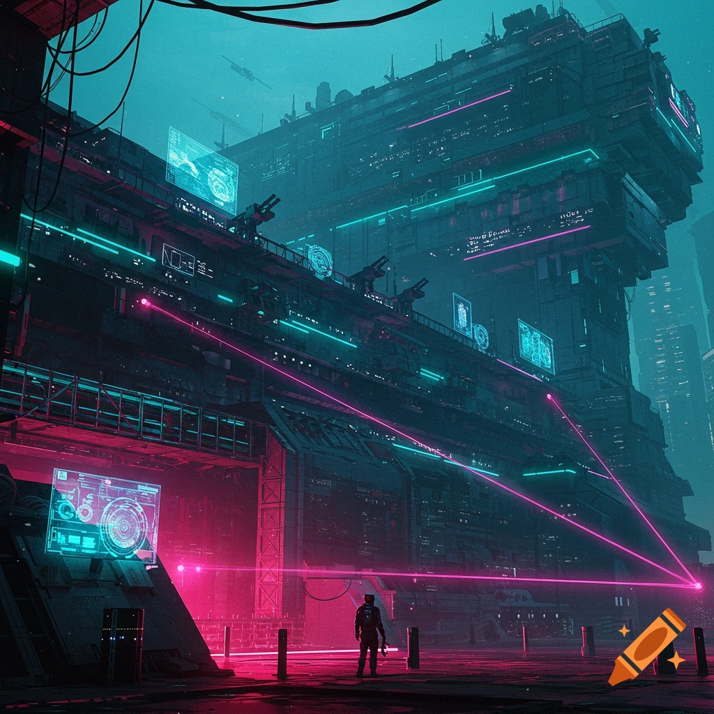 A lone figure stands before a large, dark cyberpunk fortress lit with glowing teal and pink neon lights.