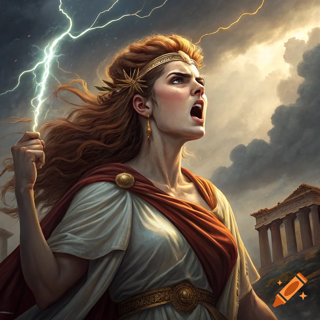 A woman wearing a crown and red cloak holds lightning and yells against a stormy sky with a classical temple.