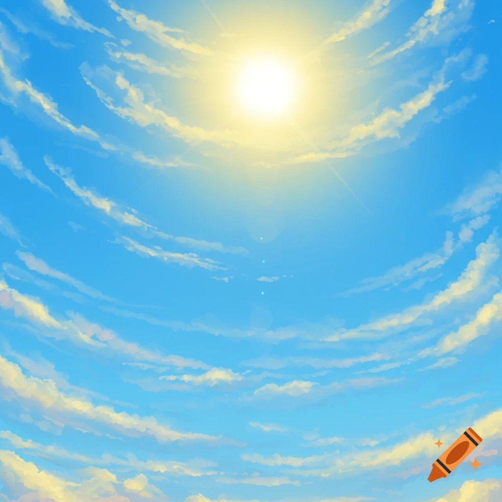A bright sun shines in a blue sky with scattered clouds.