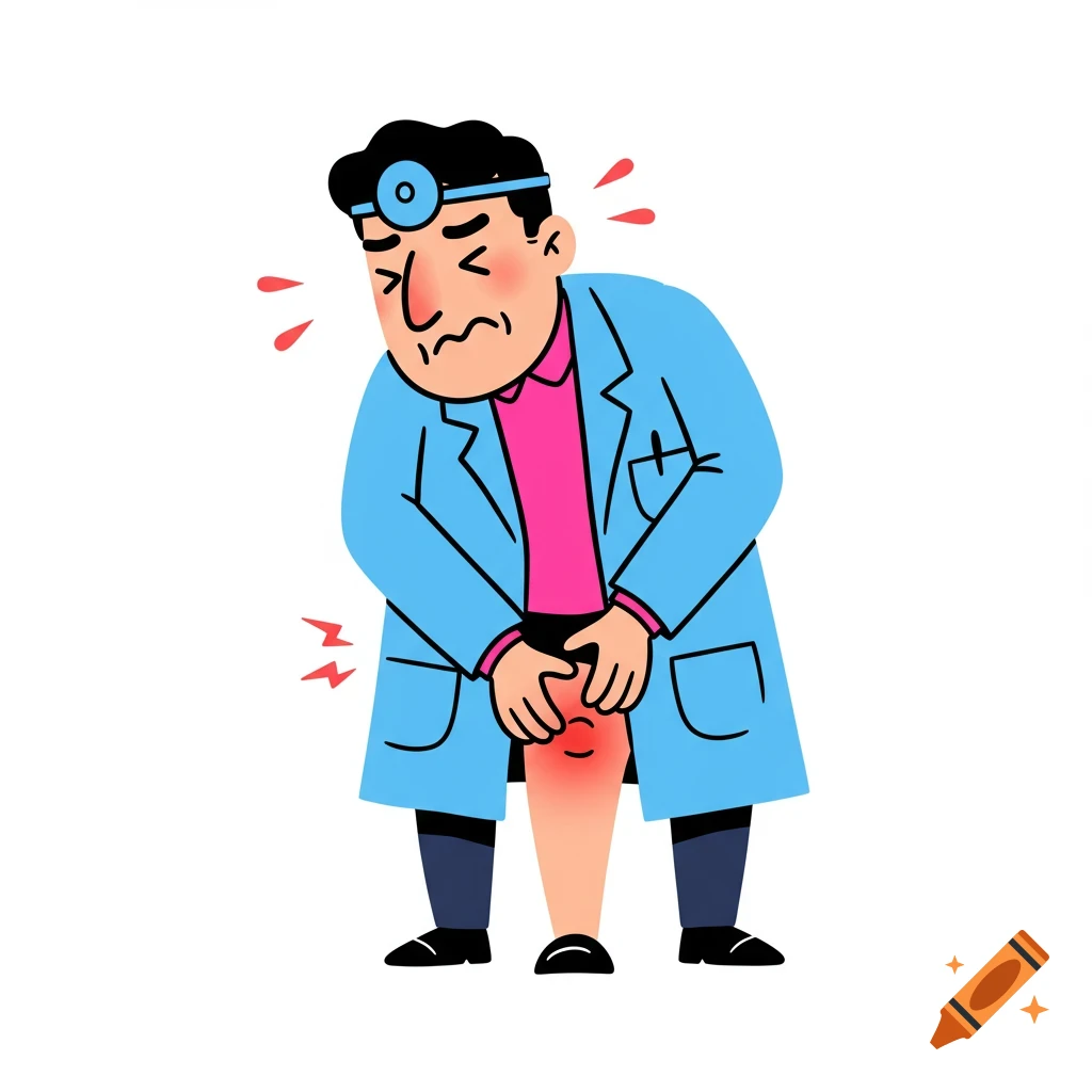 Cartoon illustration of a doctor holding his painful knee, with red pain symbols.