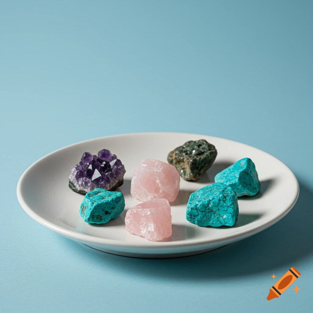 Amethyst, rose quartz, and turquoise mineral rocks on a white plate against a blue background.