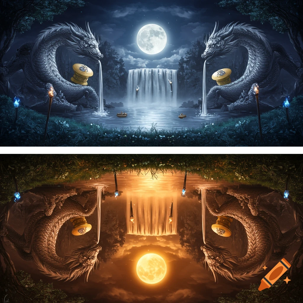 Mirrored fantasy illustration of dragons by a waterfall reflecting a moon above and a sun below.