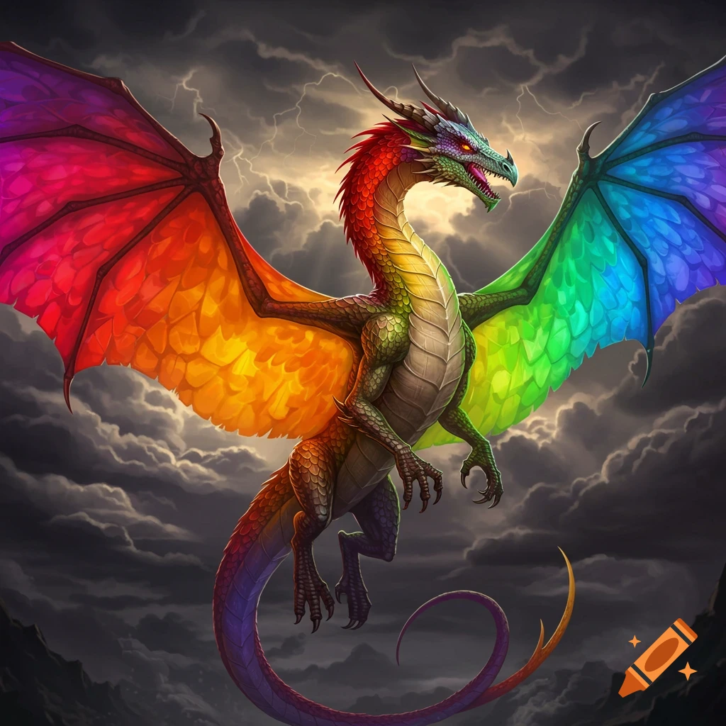 A vibrant rainbow dragon flying through dark, stormy clouds with lightning.