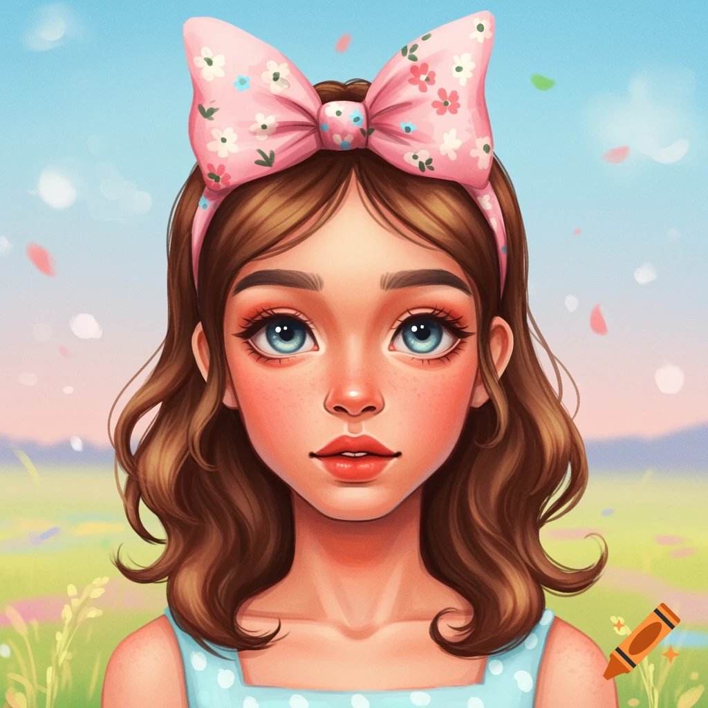 A young girl with a pink floral bow in a meadow.