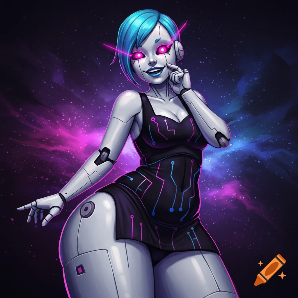 Stylized image of a robot girl with blue hair and glowing eyes in a circuit-patterned dress against a cosmic background.