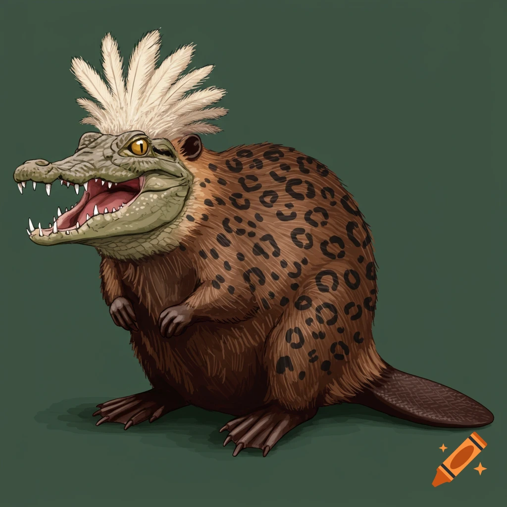 A hybrid creature with a crocodile head, beaver body, leopard spots, and feathers on its head.
