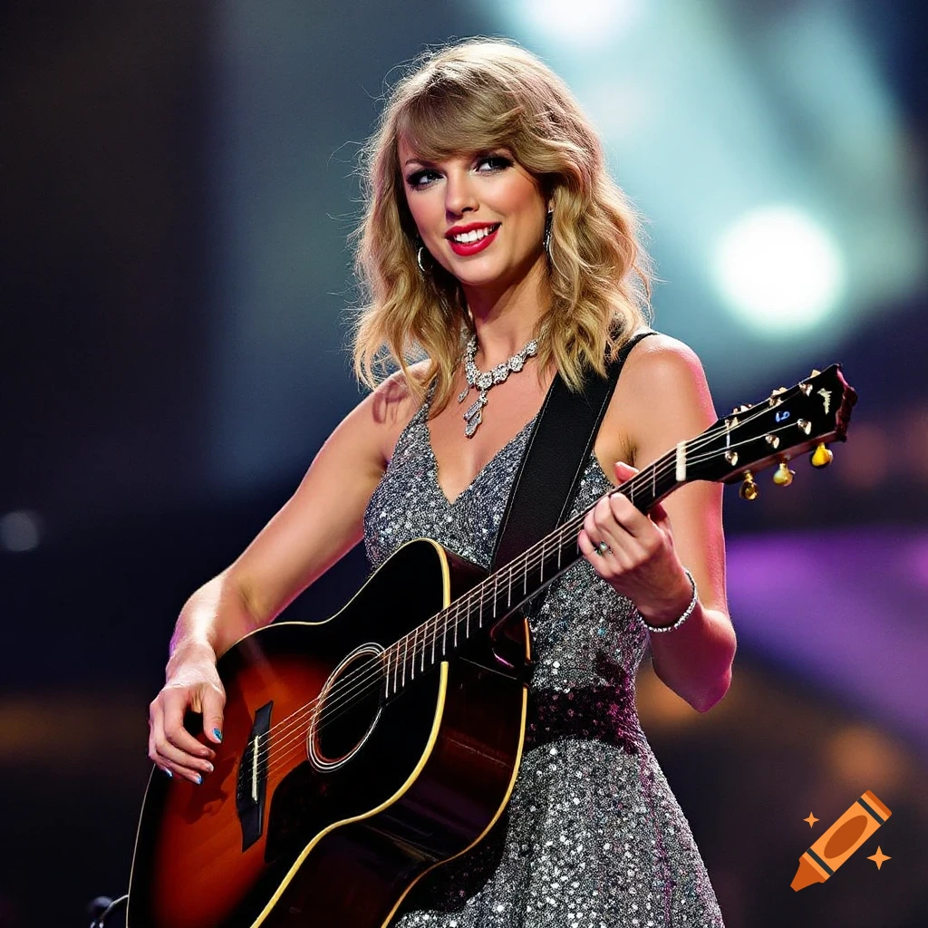 Taylor Swift playing an acoustic guitar on stage in a sparkly dress