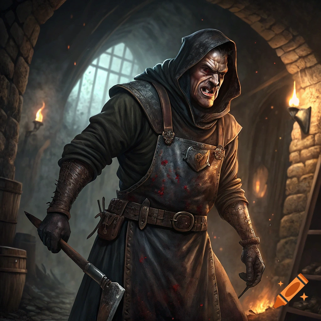 A hooded figure in a dark dungeon holds an axe and a sharp tool, with a menacing expression.
