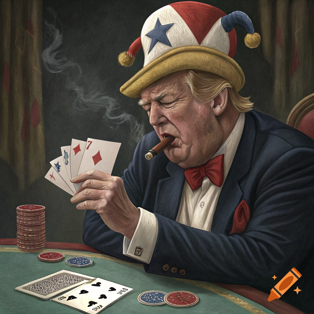 Illustration of Donald Trump in a jester hat smoking a cigar and holding playing cards at a poker table.