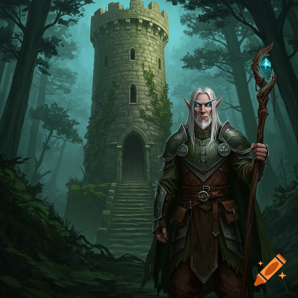 An elderly male elf with a staff stands before an old tower in a forest