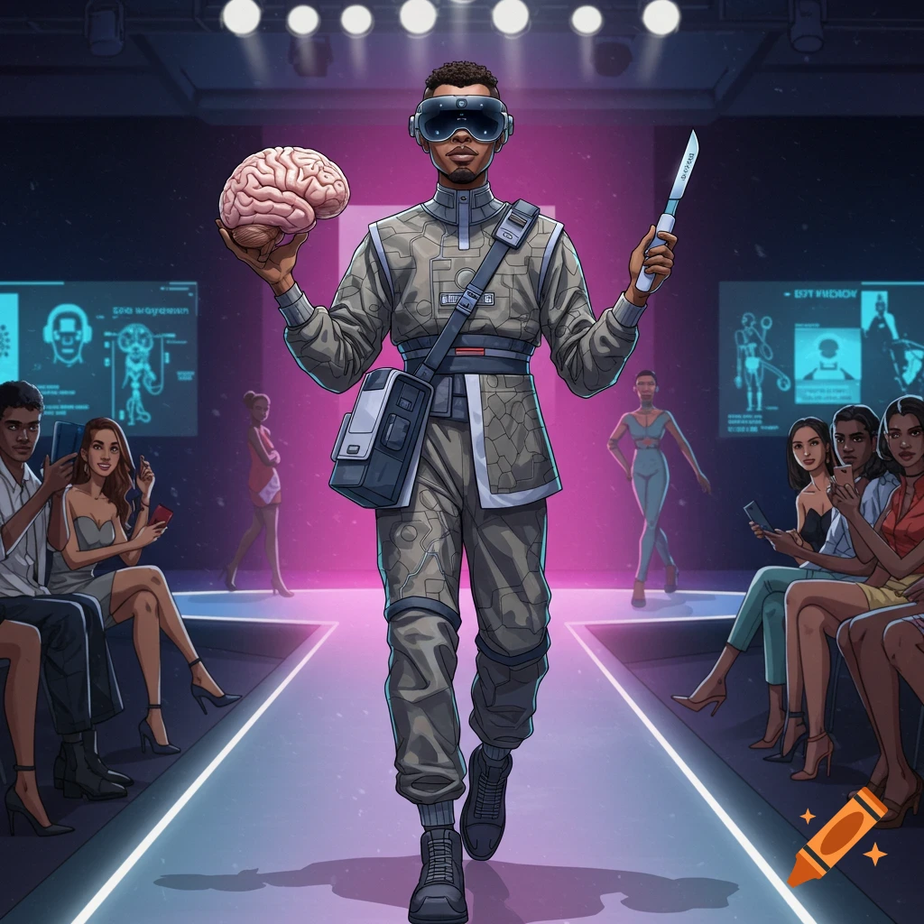 Illustration of a person wearing an AR headset, holding a brain model and scalpel, walking down a fashion runway.